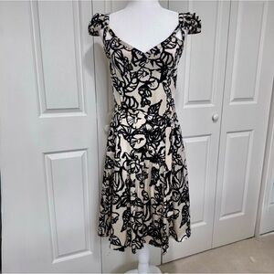 Tracy Reese 100% Silk Belted Drop Waist Midi Dress Black Ivory Size 8